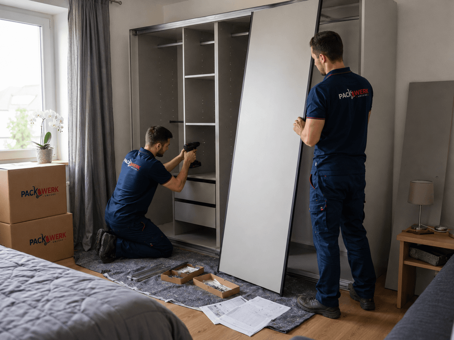 PackWerk Team bei der fachgerechten Möbelmontage eines Schranks in Hannover