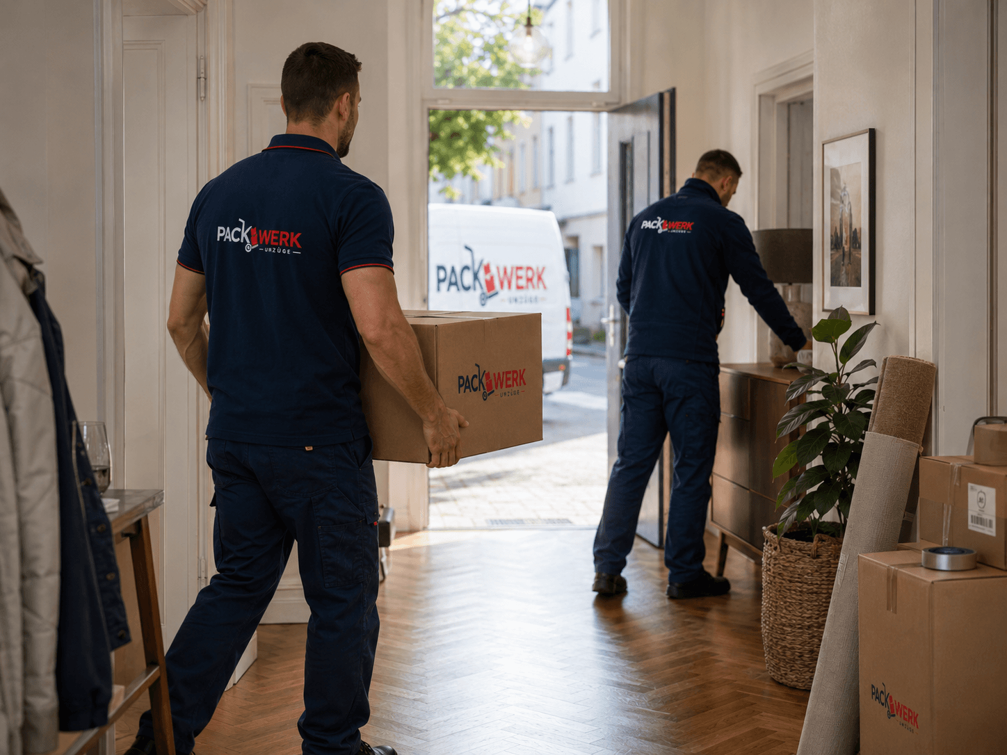 PackWerk Umzugsteam beim Privatumzug – Kartons und Möbel aus dem Haus tragen